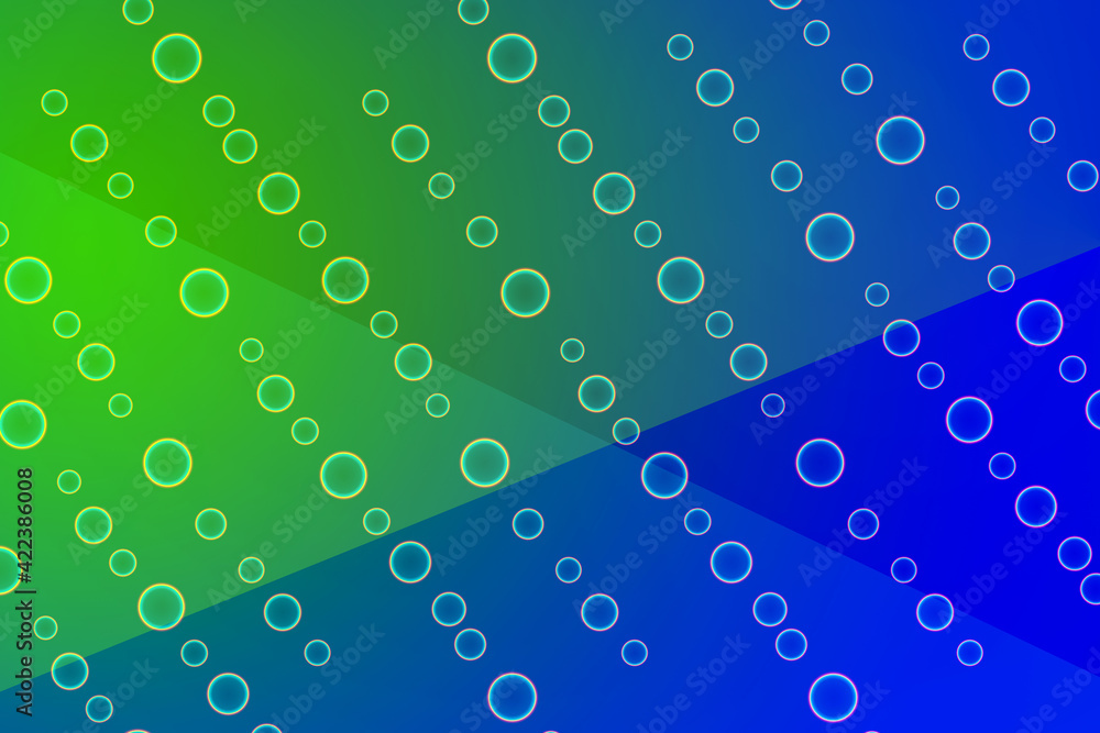 Poster parallel rows of circles of different sizes cross the blue-green background. the background is divid