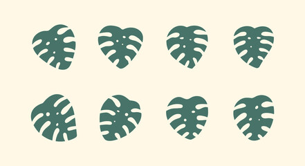 Monstera leaf vector sign set. Green leaves collection, isolated on white background. Simple cartoon flat design