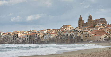 Fototapeta na wymiar Panorama of Cefalu. Italy. Sea and city. Here you can relax super. Pure sound of the sea!