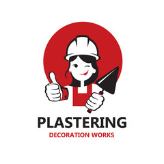 icon of lady plasterer in safety helmet with trowel in hand isolated on white background