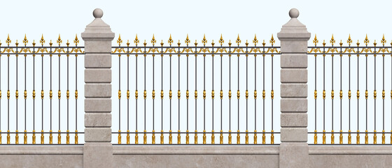 Classic iron fence with stone pillars. Wrought iron fence. Urban design. Gold decor. Vintage. Luxury modern architecture. Palace. City. Street. Park. Blacksmithing. 3D rendering. Seamless. Isolated.