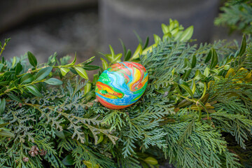 Easter is a religious festival with colored eggs and decorated bushes and fountains