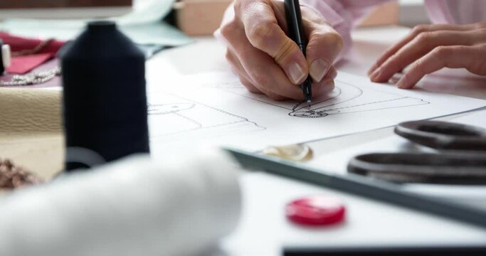 The designer draws a sketch of a woman's bag on paper at the workplace.