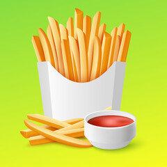 Box with french fries potato and ketchup, realistic vector illustration isolated.