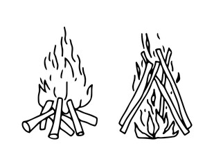 Two campfires. Drawn in doodle style by contour. Vector illustration isolated on white background.
