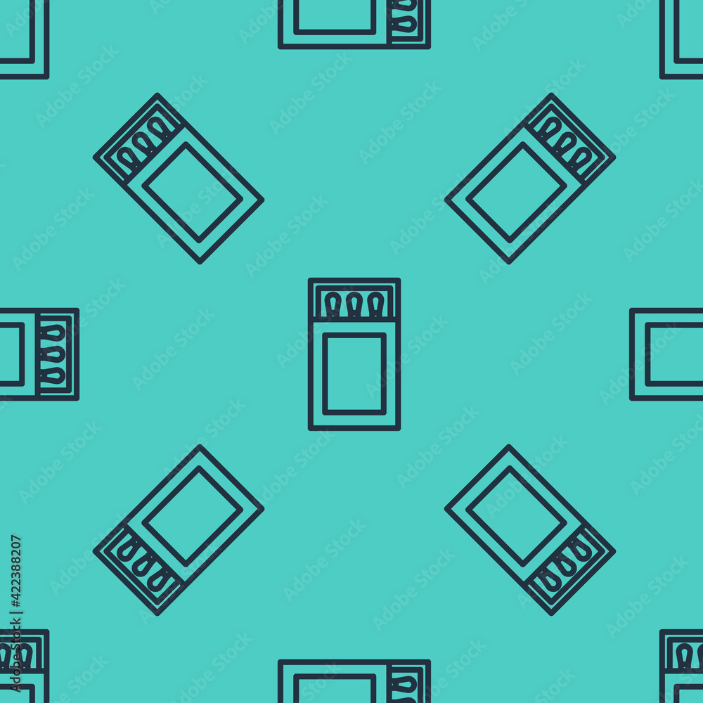 Poster black line open matchbox and matches icon isolated seamless pattern on green background. vector