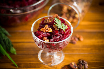 dietary salad of boiled beets with walnuts