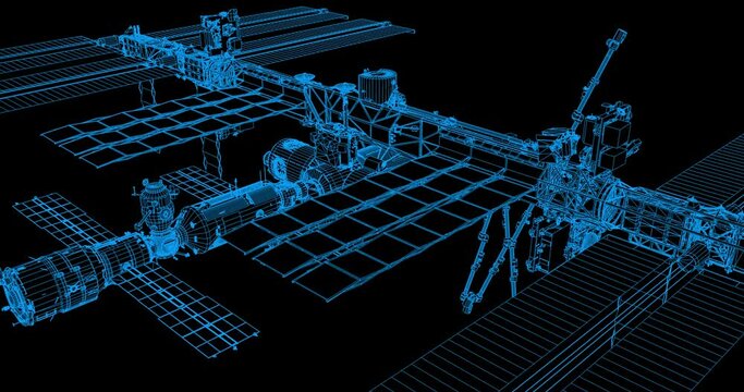 Slowly rotating 3D schematic wireframe of the ISS, looking downward. Clip loops seamlessly. Elements of this image furnished by NASA  
