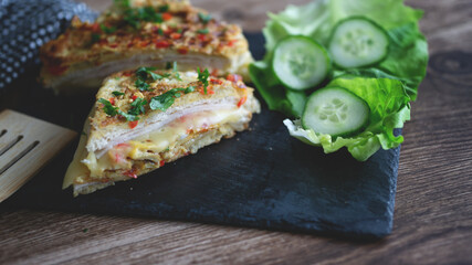 French toast omelette sandwich simple and easy breakfast dish . Indian bread omelette egg and cheese