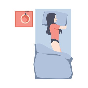 Cartoon Woman Sleeping In Bed With Pillow. Top View Of Young Girl