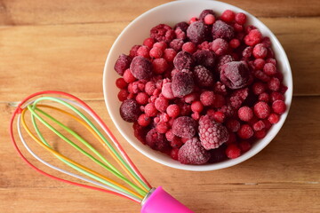colored hand mixer and bowl with a frozen red berries