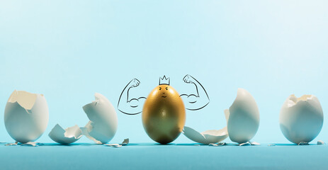 Intact golden egg among broken white eggs. The concept of reliability, resistance to adverse...