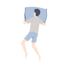 Sleep position on stomach, rear side of man who sleeping on pillow in bed.