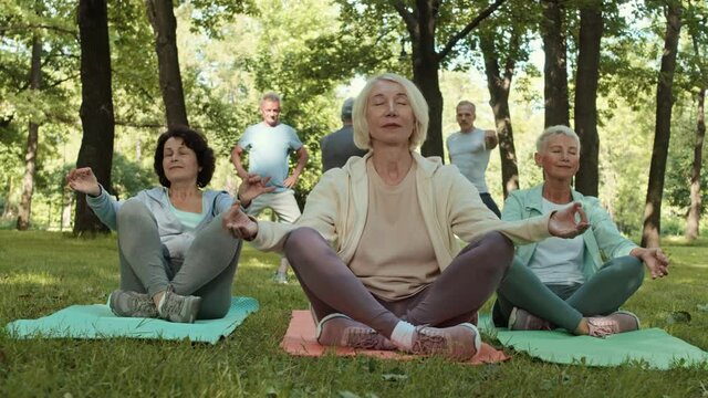 Pan shot of three senior female yogis wearing sportswear sitting in lotus position on yoga mats in park and meditating while aged sportsmen having workout on background