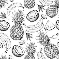 Fruits seamless pattern. Hand drawn vector tropic fruits illustration. Engraved style fruit. Retro food banner.