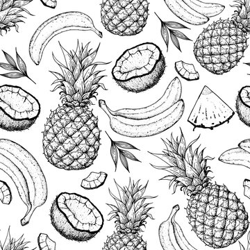 Fruits seamless pattern. Hand drawn vector tropic fruits illustration. Engraved style fruit. Retro food banner.