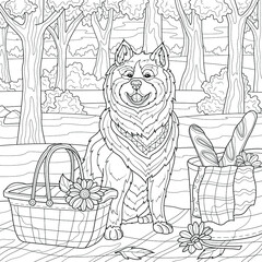 Dog and picnic.Coloring book antistress for children and adults. Illustration isolated on white background.Zen-tangle style. Hand draw