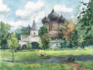 Fototapeta na wymiar August park in Moscow with a church, watercolor