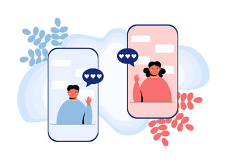 Online dating and social networking concept. Vector illustration of male and female chatting on the Internet. Social distancing and virtual relationship. People waving to each other from the phone