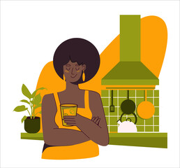 Beautiful african american woman plus size model stands in a clean kitchen with a glass of iced tea in her hand. Vector flat illustration in yellow and olive colors isolated on white background.