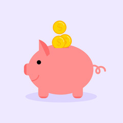 Piggy bank with dollars. Pink money box with golden coins. Vector illustration for online bank or investment articles. Concept of savings. Template for web, ui, landing page.