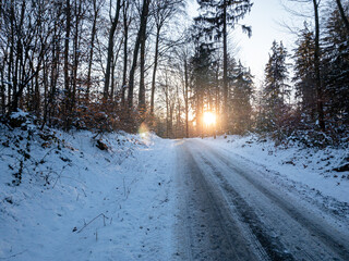 Bavarian Winter snow Landscape with background sun light 