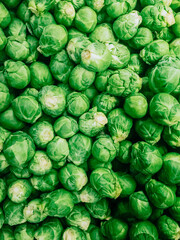 Fototapeta na wymiar Brussel sprouts Top view photo in close up Many buds of small fresh cabbage in counter in supermarket