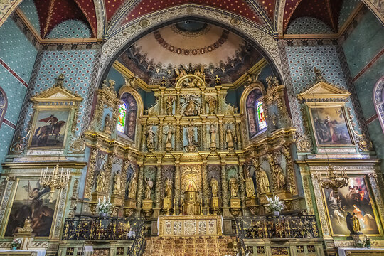 Interior of Saint Jean Baptiste church (Eglise Saint-Jean-Baptiste, XV century) in Basque Country, dedicated to Saint Jean Baptiste, patron of city. Saint Jean de Luz, France. September 7, 2020.