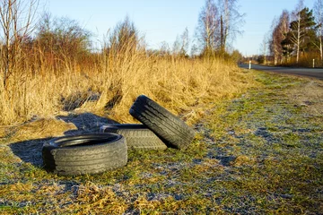 Deurstickers used car tires dropped on the side of the road, crime against nature © Zigmunds