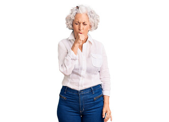 Senior grey-haired woman wearing casual clothes feeling unwell and coughing as symptom for cold or bronchitis. health care concept.