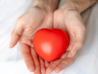red heart in woman s palms on grey background