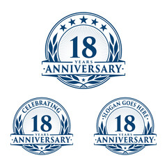 18 years anniversary logo set. 18th years anniversary celebration logotype. Vector and illustration.
