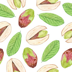 watercolor pistachio seamless pattern on white background. Nut print for fabric