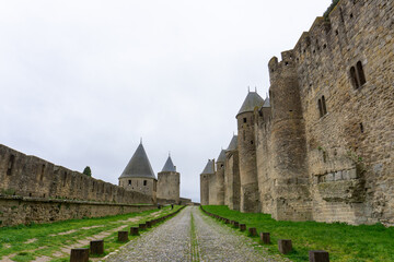 Fototapeta na wymiar view of the historic medieval walled city of Carcassonne in France