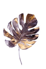 Monstera leaf painted in silver with gold flares isolated on white background. Minimalist luxury...