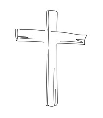 Christian banner or Design Card for Easter. Christ is Risen. Vector illustration on the religious theme with mount Calvary, three crosses. Crucifixion at Sunrise. Man prays, repentance. Line art