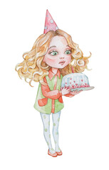 cartoon girl blowing candle on cake