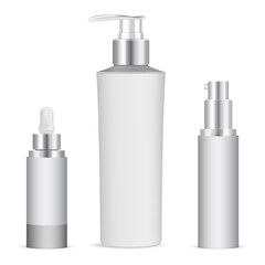 Serum dropper bottle. Eye skin care essence packaging. Cosmetic bottle with dispenser cap for beauty gel. Lotion flask with batcher , beauty jar sample. Essential oil vial mockup, moisturizer