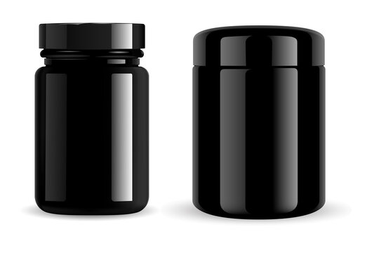 Black jar. Black pill bottle, cosmetic container, glass package. Vitamin pill jar mockup, gloss glass. Supplement tablet packaging set. Glossy container for skin scrub or wax, face powder
