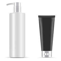 Pump bottle. Black tube. Cosmetic packaging dispenser. Black cosmetic tube blank. Moisturizer cream pump dispenser, hand or face skin care template design. Realistic bath pack isolated on background