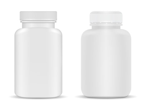 Pill bottle. Medicine supplement bottle mockup, 3d vector blank. Isolated tablet jar, capsule container product. Prescription drugs can realistic illustration. Antibiotic cure bottle, remedy jar