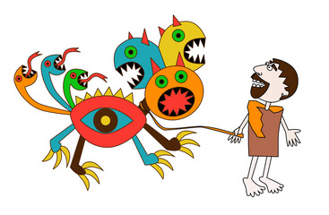 eleventh labour of Hercules, capture Cerberus in style of primitivism, minimalism, children's drawing for T shirt, cap, bed linen, backpack, pillow, toys, wallpaper