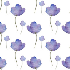 watercolor pattern with spring purple flowers on a white background, cute pattern for decoration of fabric, paper, bamboo products ect.