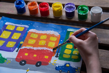 children's drawing in gouache, winter city in the evening