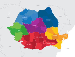 Detailed vector map of Romania with administrative divisions into regions and counties, with names and location of the country in Europe