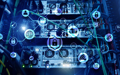 Data security concept. Icons: Closed Padlock, Wifi And cloud on digital background