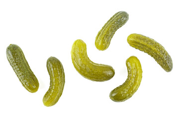 Set of delicious marinated pickled cucumbers isolated on a white background, top view.