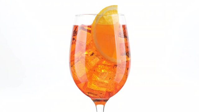 Aperol Spritz Cocktail with ice isolated on white background, rotation. glass of Summer orange cocktail
