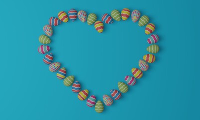 Obraz premium Easter eggs arranged in the shape of a heart with a colorful bright geometric pattern on a blue background. 3d rendering.