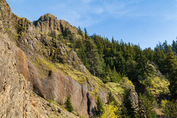 Rocky Outcrop and Mountain Scene Along The Columbia River Gorge